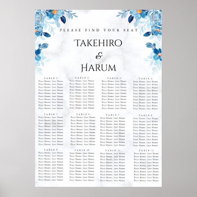 Poster Blue Elegant flower summer wedding seating chart  (Frente)