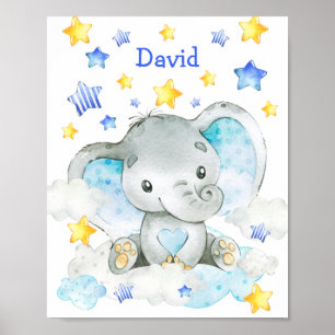 Poster Blue Elephant Personalised Nursery Boy
