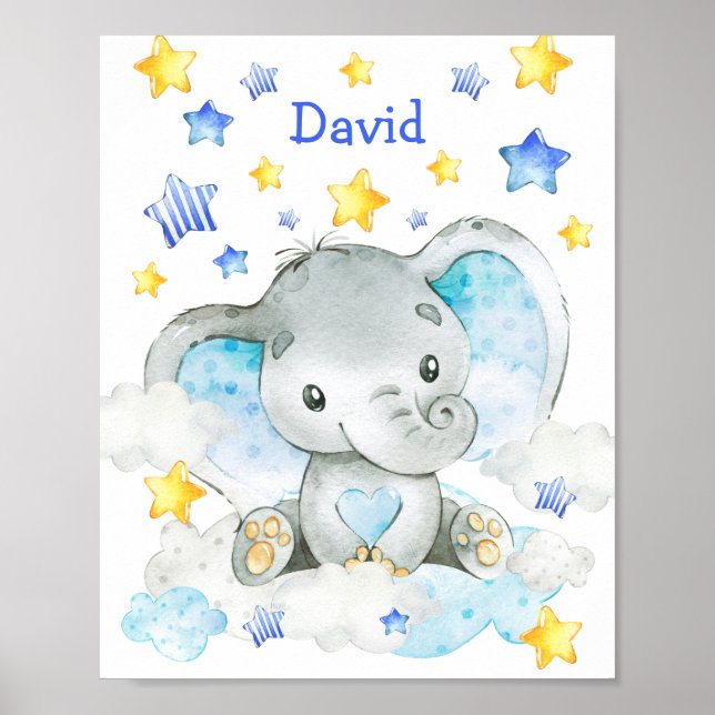 Poster Blue Elephant Personalised Nursery Boy (Frente)