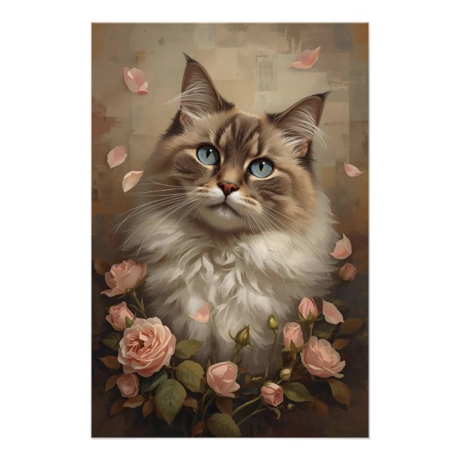 Póster Blue-Eyed Cat with Roses – Elegant Floral Poster (Frente)