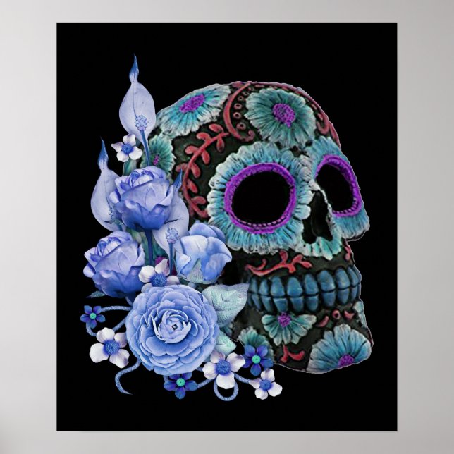Poster Blue Floral Black Sugar Skull Day Of The Dead (Frente)