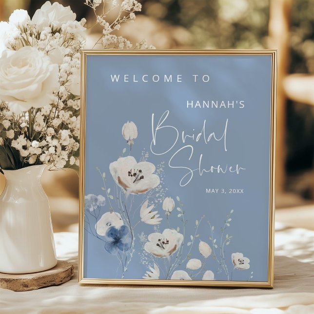Poster Blue Floral Bridal Shower Welcome Sign (Criador carregado)
