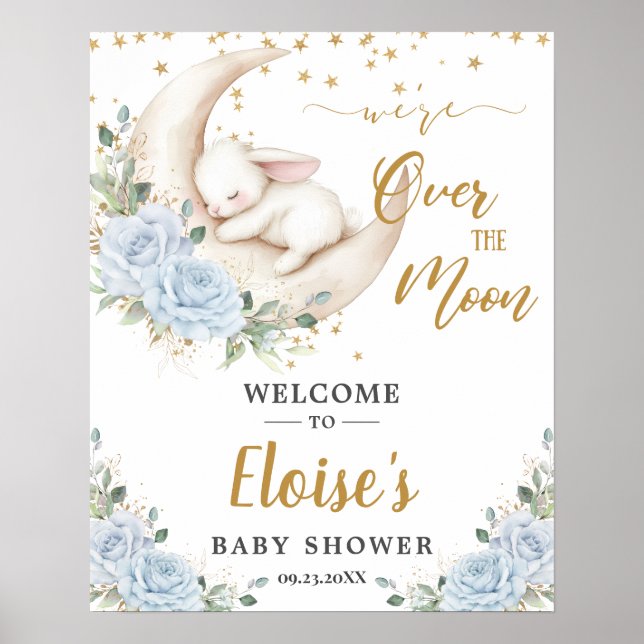 Poster Blue Floral Bunny Rabbit Moon Baby Shower Welcome (Frente)