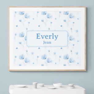 Poster Blue Floral Custom Name Decor Baby Nursery