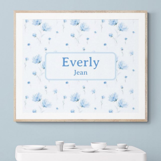 Poster Blue Floral Custom Name Decor Baby Nursery (Customize name! Shown with white mat and wood frame. (you will receive print only). Thank you!)