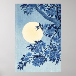 Poster Blue Floral Full Moon Art