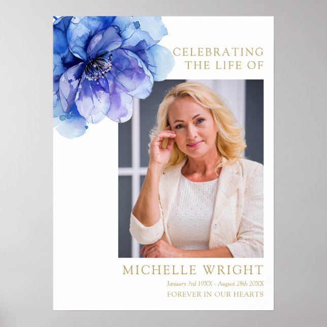Poster Blue Floral Funeral Celebração Do Sinal De Foto De (Frente)