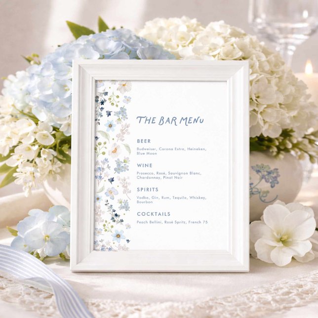 Poster Blue Floral Garden Bridal Shower Bar Menu (The Bar menu blue floral sign)