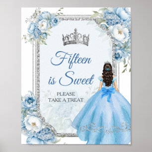 Poster Blue Floral Silver Quinceañera Quinze é Doce