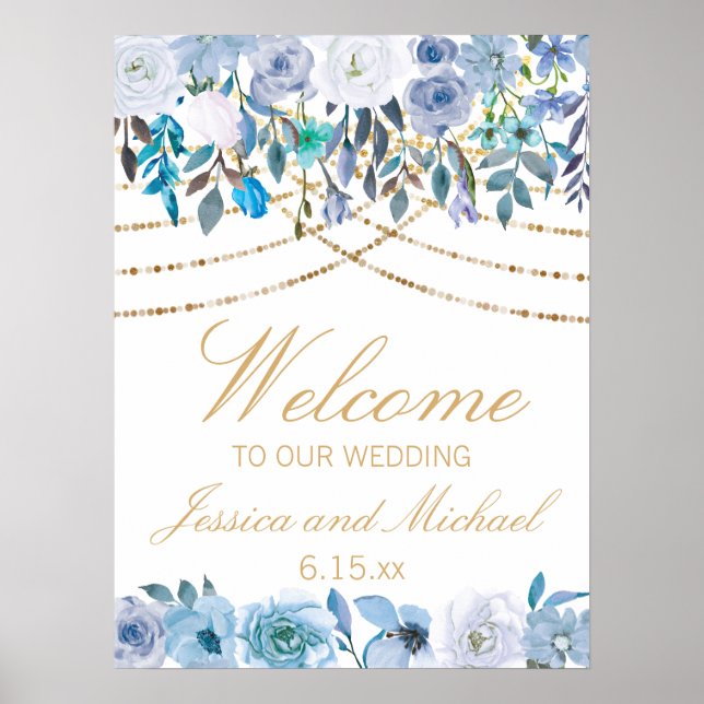 Poster Blue Floral String Lights White Weding (Frente)