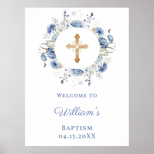 Poster Blue florals wreath boy Baptism welcome (Frente)