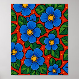 Poster Blue Flowers and Green Leaves on a Red Background