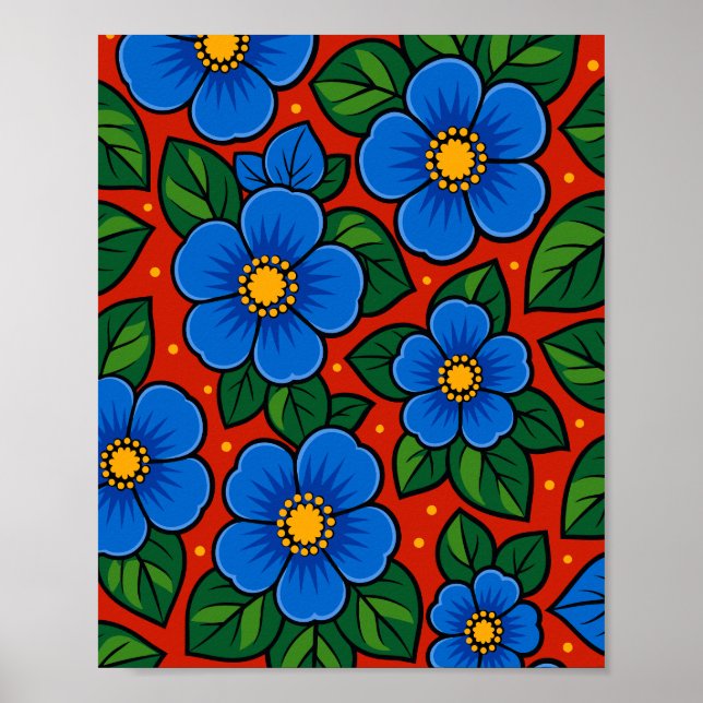 Poster Blue Flowers and Green Leaves on a Red Background (Frente)