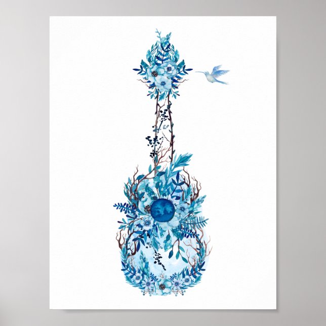 Poster Blue Flowers Ukulele (Frente)