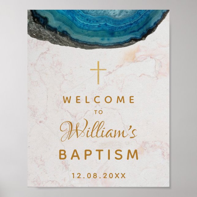 Poster Blue Geode Boy Baptism Marble Dourado Cross Bem-vi (Frente)