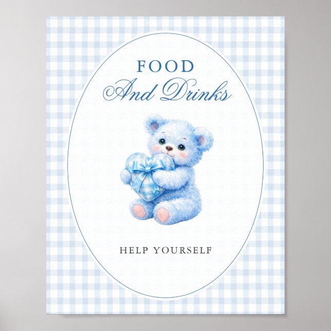 Poster Blue Gingham Bow Heart Teddy Bear Baby Shower (Frente)