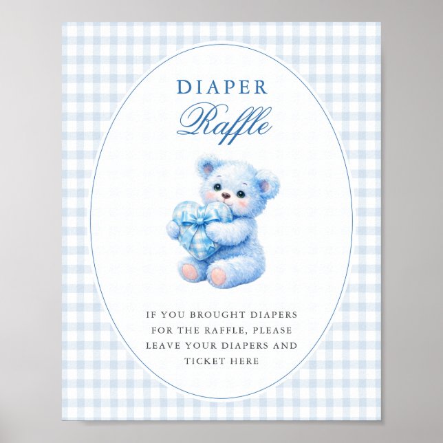 Poster Blue Gingham Bow Heart Teddy Bear Baby Shower (Frente)