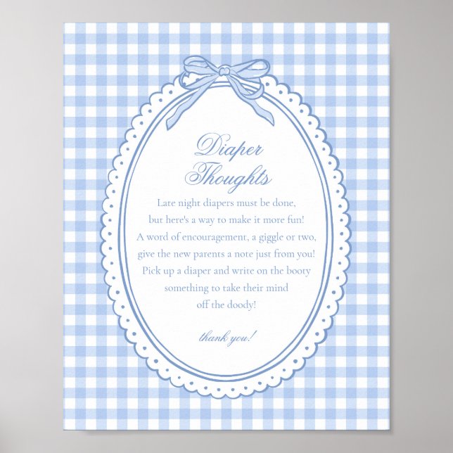 Poster Blue Gingham Coquette Bow Diaper Thoughts Baby (Frente)