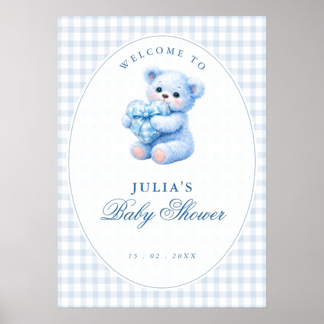 Poster Blue Gingham Teddy Bear Neutral Baby Shower (Frente)