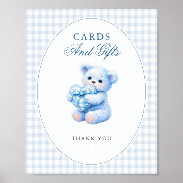 POSTER BLUE GINGHAM TEDDY BEAR NEUTRAL BABY SHOWER (Frente)