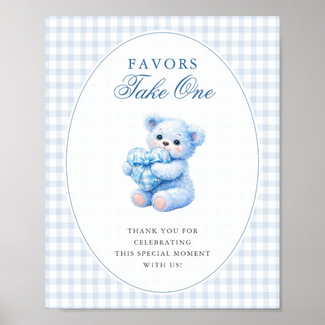 POSTER BLUE GINGHAM TEDDY BEAR NEUTRAL BABY SHOWER (Frente)