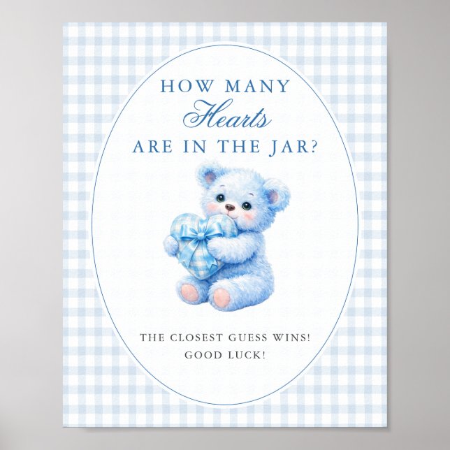 POSTER BLUE GINGHAM TEDDY BEAR NEUTRAL BABY SHOWER (Frente)