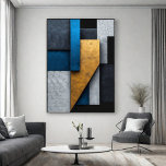 Poster Blue, Gold and Concrete<br><div class="desc">Abstract vertical composition with overlapping geometric panels. Deep blue tones,  aged gold,  and concrete gray with cracked texture. Modern and sophisticated design ideal for interior decor. Bring industrial elegance and visual depth to your wall with this exclusive art piece.</div>