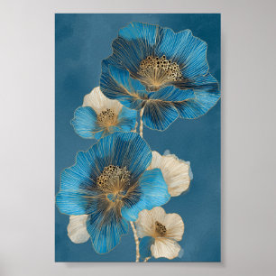 Poster Blue Gold Botânico Papoula Linha Arte Floral