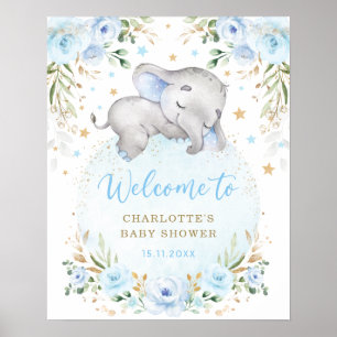 Poster Blue Gold Floral Elephant Boy Baby Shower Welcome