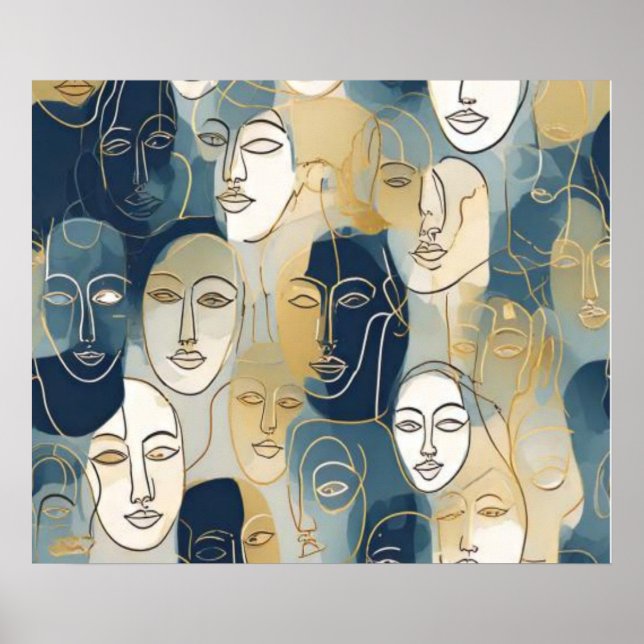 Poster Blue Gold Line Art Faces Seamless Pattern (Frente)