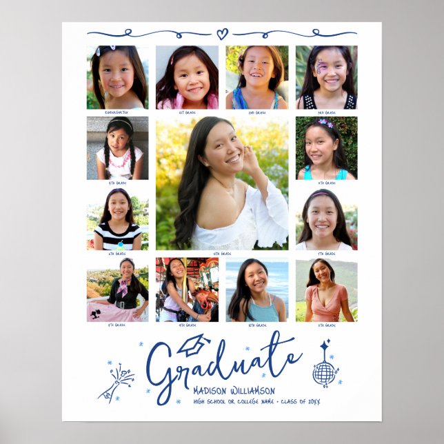 Poster Blue Graduation K–12 Photo Collage Doodles White (Frente)