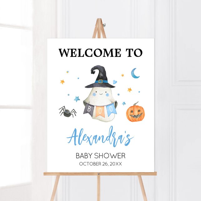 Poster Blue Halloween Ghost Little Boo Bem-vindo (Little Boo Baby Shower Welcome Sign)