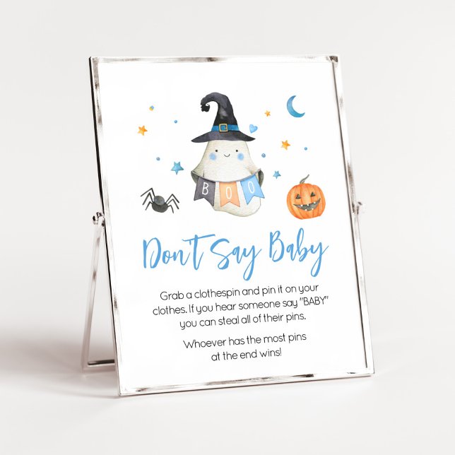 Poster Blue Halloween Ghost Little Boo Não Diga Baby (Little Boo Baby Shower Don't Say Baby Sign)