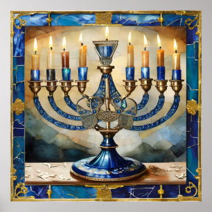 Poster Blue Hanukkah Menorah