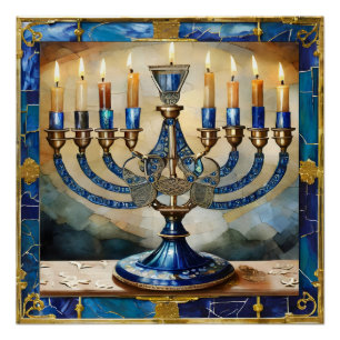 Póster Blue Hanukkah Menorah
