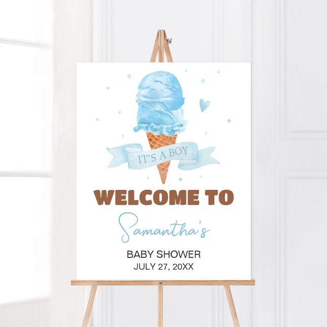 Poster Blue Here's the Scoop Chá de fraldas Welcome (Boy Ice Cream Baby Shower Welcome Sign)