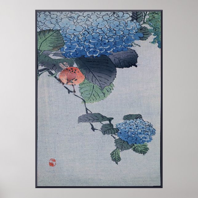 Póster Blue Hydrangea - Corte japonês com pássaro (Frente)