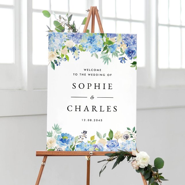 Poster Blue Hydrangea e White Anemone Wedding (Customizable wedding welcome sign featuring watercolor blue hydrangeas and ivory roses garlands)