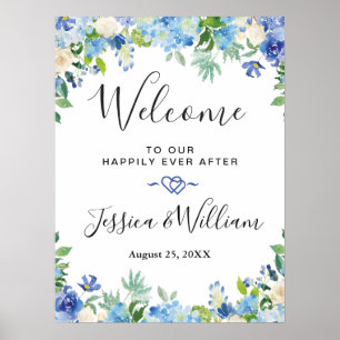 Poster Blue Hydrangea Greenery Chic Weding Welcome