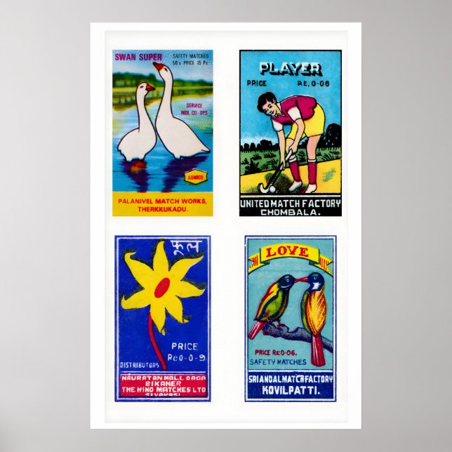 Poster Blue Indian Matchbox Labels Grid Print, Vintage (Frente)