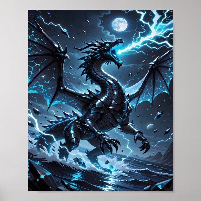 Poster Blue Lightning Black Dragon Storm Fantasy (Frente)