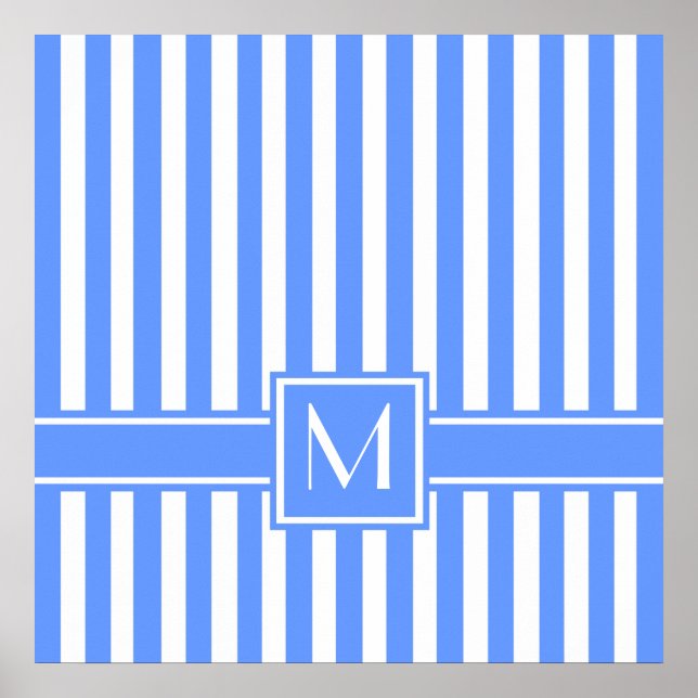 Póster Blue Modern Stripe com Monograma (Frente)