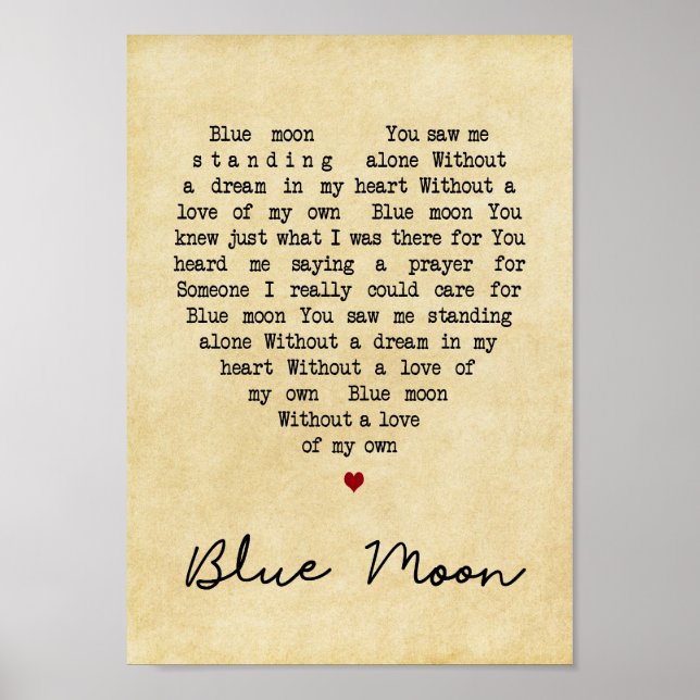Poster Blue Moon Vintage Heart Song Lyric Wall Art Impres (Frente)