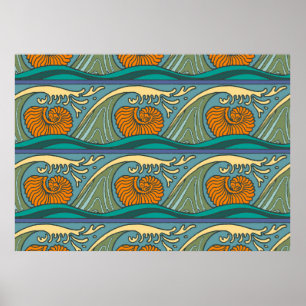 Póster Blue Ocean Waves Nautilus Seashell Patterno Nouvea