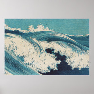 Poster Blue Ocean Waves Woodcut