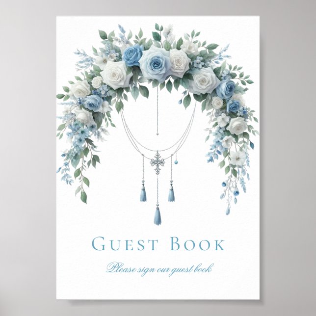 Poster Blue Rose & Silver Cross Baptism Guest Book Sign (Frente)