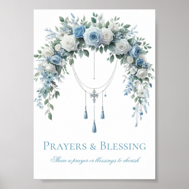 Poster Blue Rose & Silver Cross Baptism Prayers (Frente)