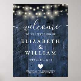 Poster Blue Rustic Wood String Light Weding Sinal de Boas