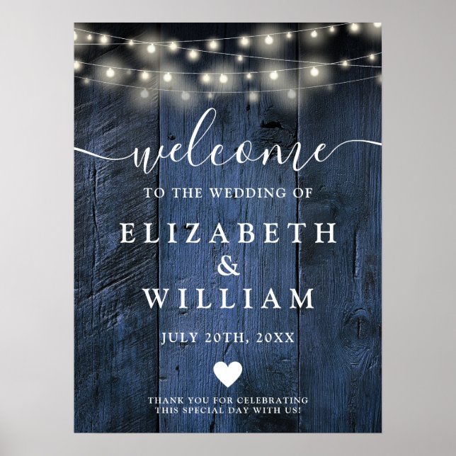 Poster Blue Rustic Wood String Light Weding Sinal de Boas (Frente)