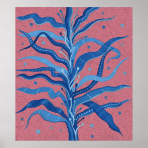 Poster Blue Seaweed Rose Taupe Underwater Absract Floral